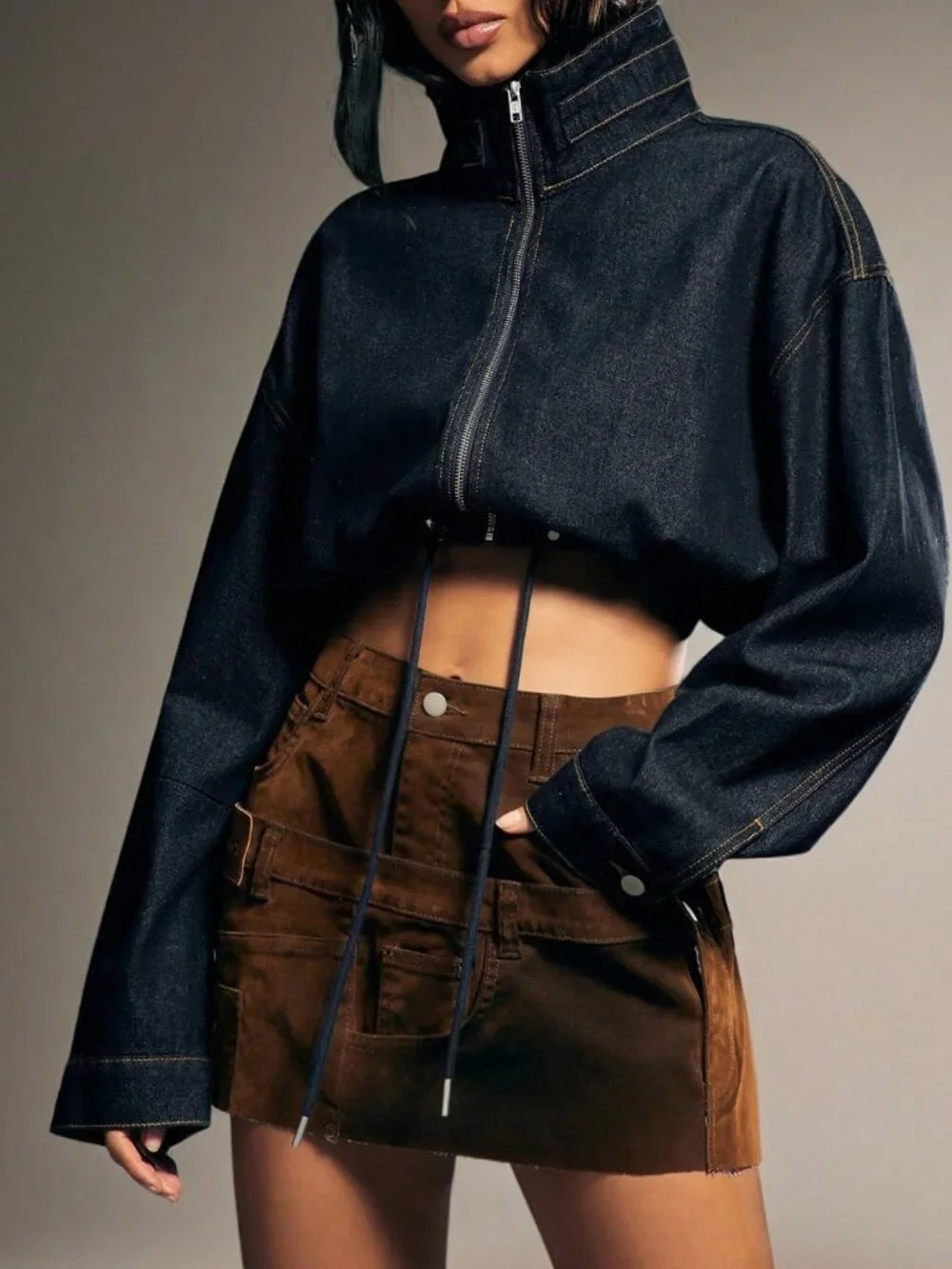 Dark Wash Casual Women's Cropped Denim Jacket with Elastic Waist & Zip Front